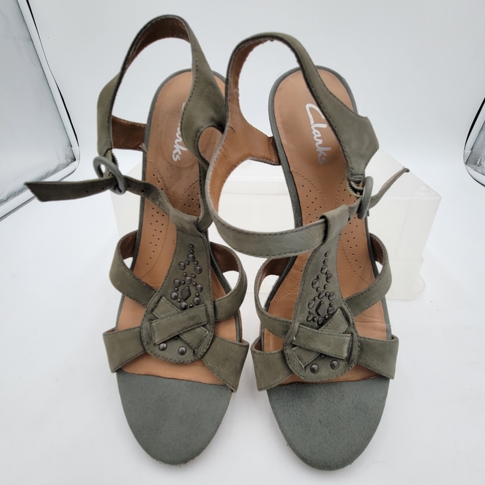 Clarks Miami Beach Beads Wedge Sandal Olive/Gray 86683 Size 7.5 Leather 3" Heel